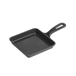 Square skillet with round corners and long handle.
