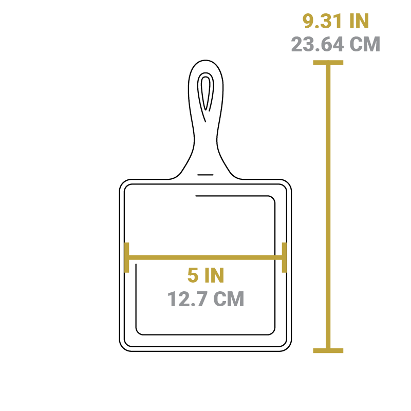 Dimensional drawing of product. Cooking surface is 5 inches. Total length including handle is 9.31 inches.