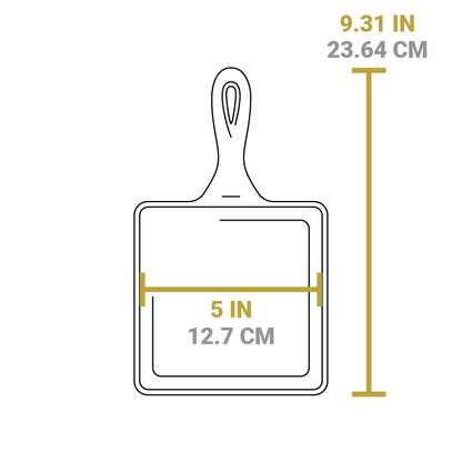 Dimensional drawing of product. Cooking surface is 5 inches. Total length including handle is 9.31 inches.