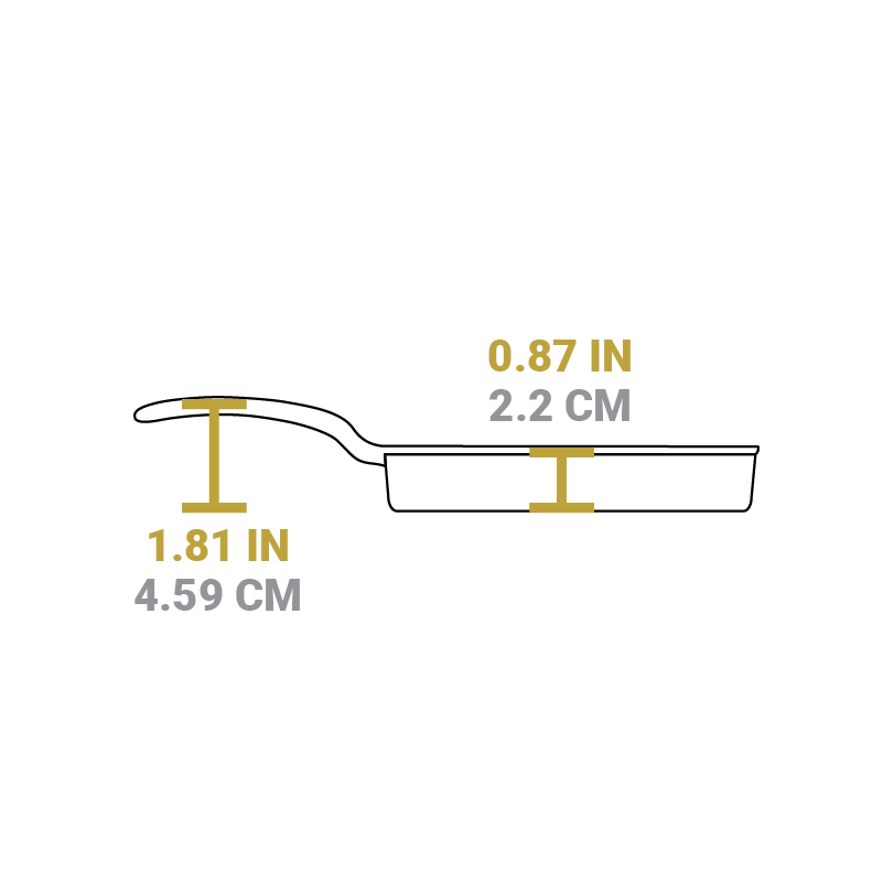 Dimensional drawing of product. Depth of cooking surface is 0.87 inches, height of handle from bottom is 1.81 inches.