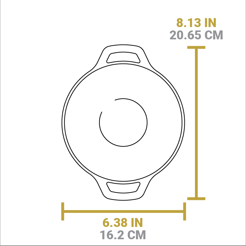 Dimensional drawing of product. Total width from handle to handle is 8.13 inches, length is 6.38 inches.