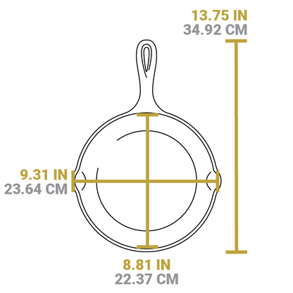 Dimensional drawing product. Full length is 13.75 inches, length of cooking surface is 8.81 inches, width of cooking surface is 9.31 inches.