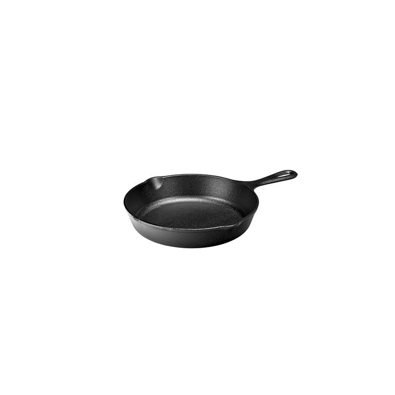Cast iron skillet with one long handle there's a pour spout on the left and right side.