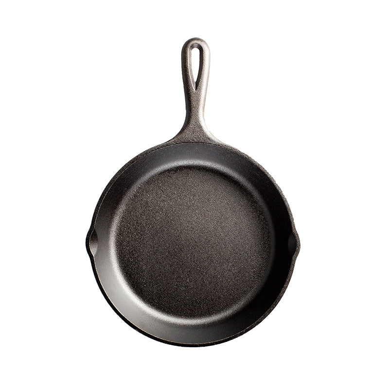Cast iron skillet with one long handle, there's a pour spout on the left and right side.