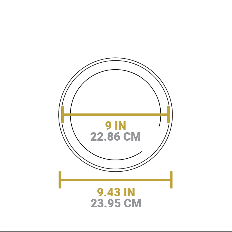 Dimensional drawing of product. Width of cooking surface is 9 inches, total width is 9.43 inches.