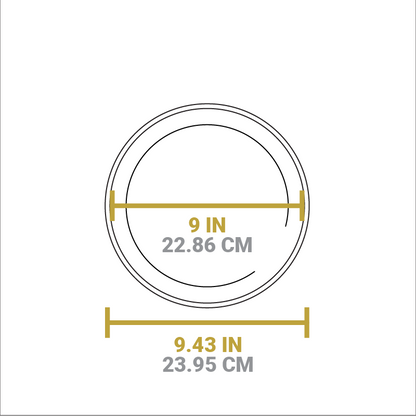 Dimensional drawing of product. Width of cooking surface is 9 inches, total width is 9.43 inches.
