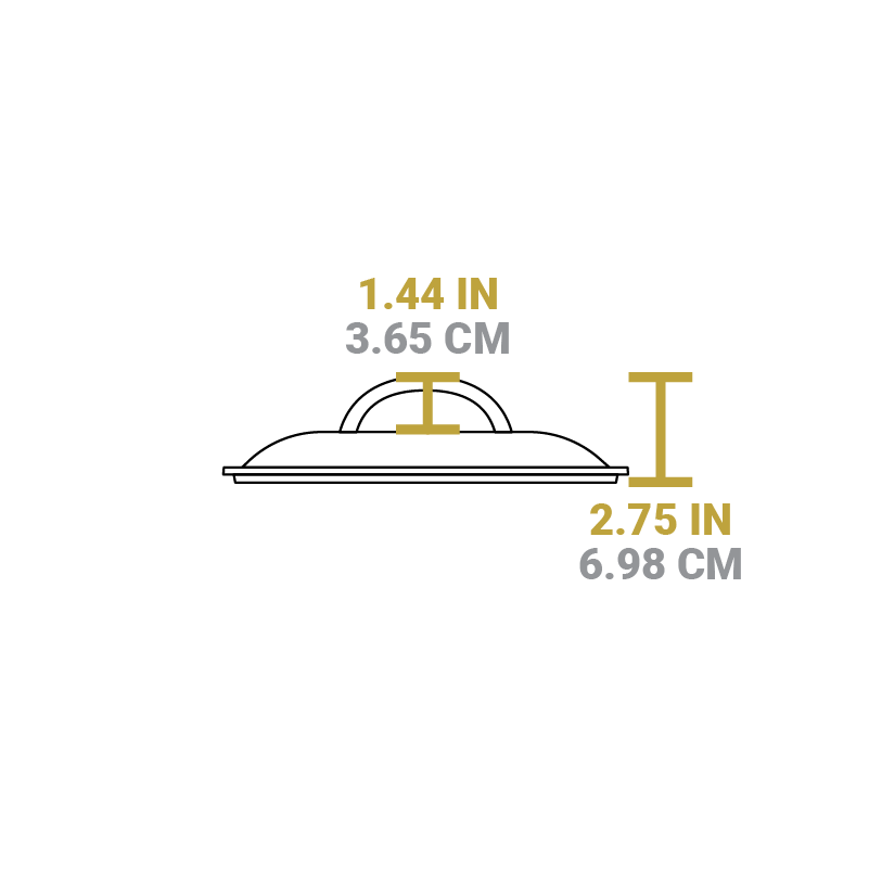 Dimensional drawing of product lid. Total height is 2.75 inches, height of handle is 1.44 inches.