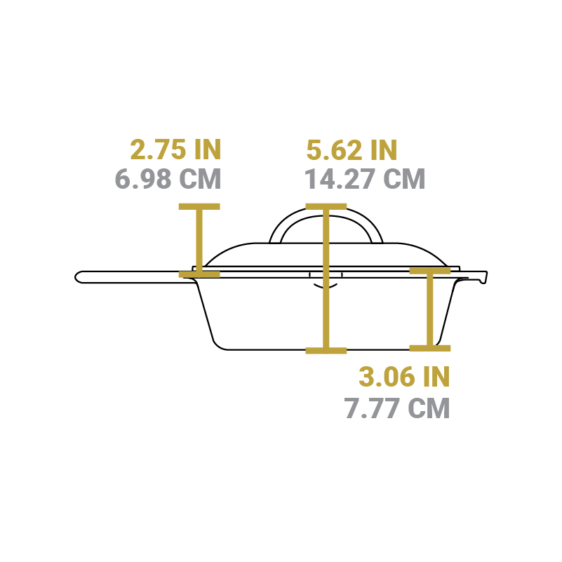 Dimensional drawing of product. Total height with lid is 5.62 inches, height of skillet portion is 3.06 inches, and height of lid is 2.75 inches.
