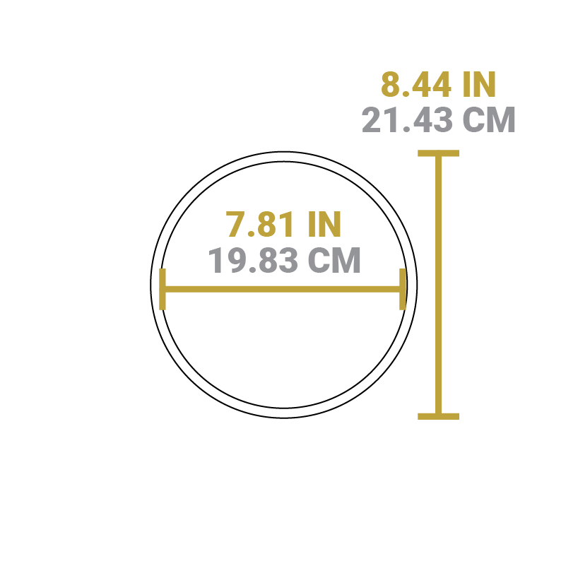 Dimensional drawing of product. Diameter is 7.81 inches, length is 8.44 inches.