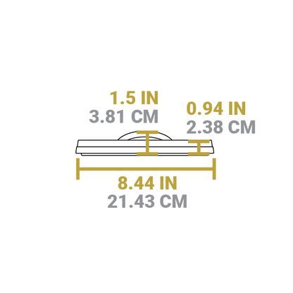 Dimensional drawing of product lid. Total width is 8.44 inches, total height is 1.5 inches, height of lid excluding handle is 0.94 inches.