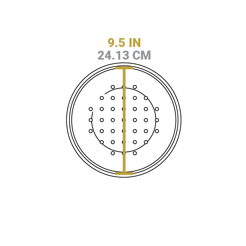 Dimensional drawing of dutch oven lid. Total width is 9.5 inches.