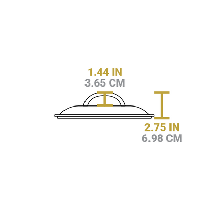Dimensional drawing of dutch oven lid. Height of handle is 1.44 inches, total height is 2.75 inches.