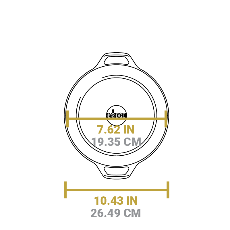 Dimensional drawing of dutch oven. Length of flat bottom is 7.62 inches, total length is 10.43 inches.
