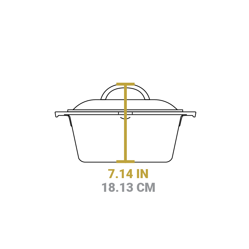 Dimensional drawing of dutch oven and lid. Total height including lid handle is 7.14 inches.