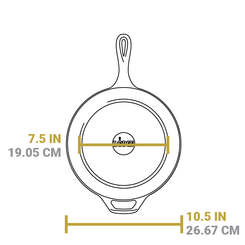 Dimensional drawing of product. Flat bottom is 7.5 inches, total width is 10.5 inches.