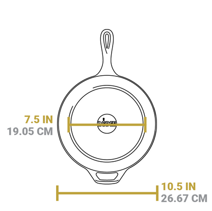 Dimensional drawing of product. Flat bottom is 7.5 inches, total width is 10.5 inches.