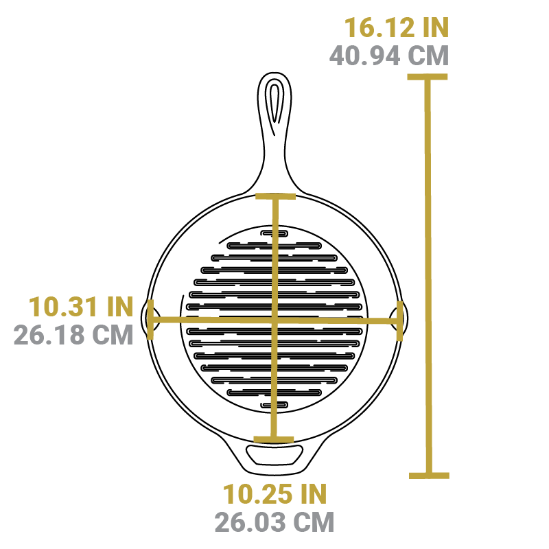 Dimensional drawing of grill pan. Full length including handle is 16.12 inches, width of cooking surface is 10.31 inches, length of cooking surface is 10.25 inches.