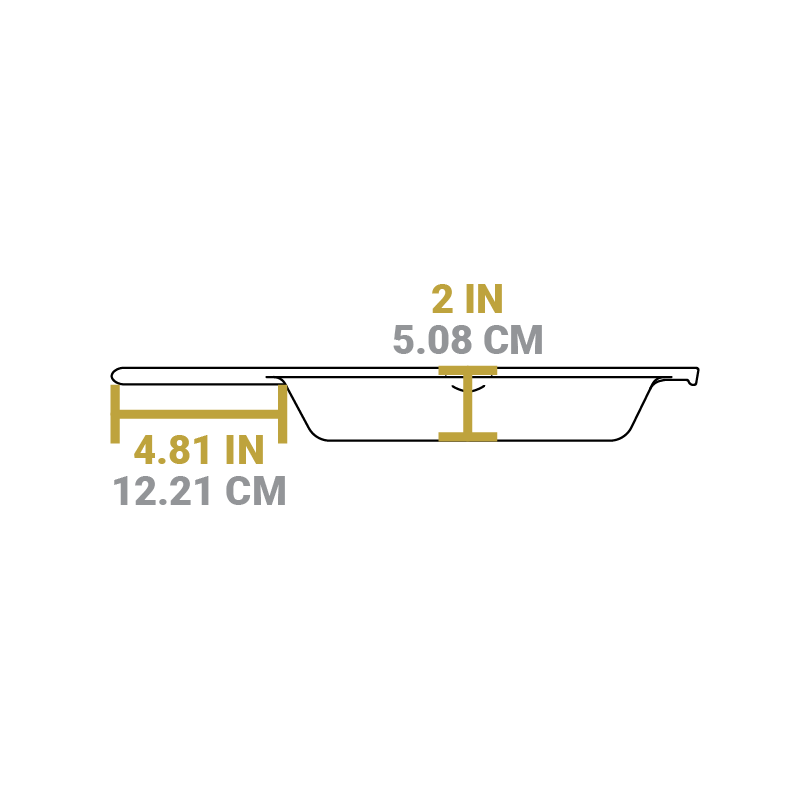 Dimensional drawing of grill pan. Handle length is 4.81 inches, depth of cooking surface is 2 inches.