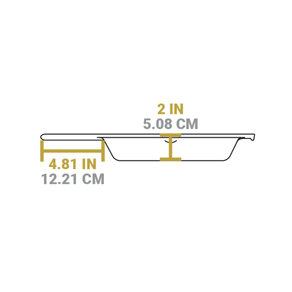 Dimensional drawing of grill pan. Handle length is 4.81 inches, depth of cooking surface is 2 inches.