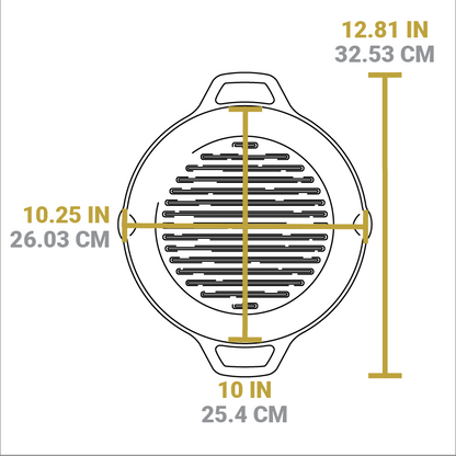 Dimensional drawing of product. Total width including handles is 12.81 inches, width of pan from pour spout to pour spout is 10.25 inches, and length of pan is 10 inches.