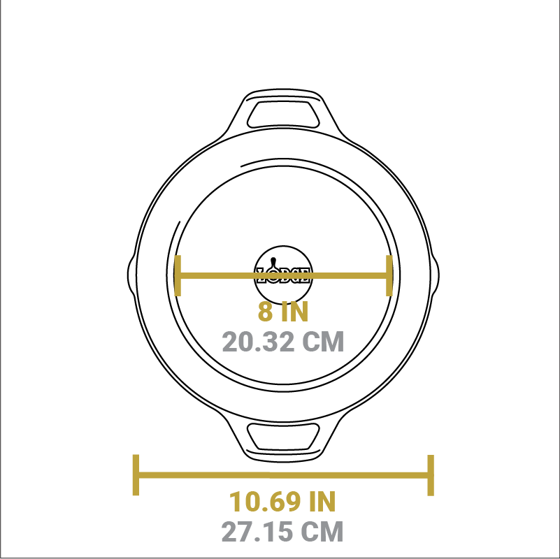 Dimensional drawing of product. Total length is 10.69 inches, width of flat bottom is 8 inches.