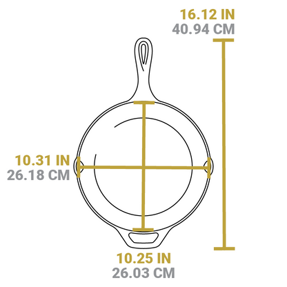 Measurement chart showing dimensions of the 10.25 inch skillet. Full length is 16.12 inches, width of cooking surface is 10.31 inches, and length of cooking surface is 10.25 inches.