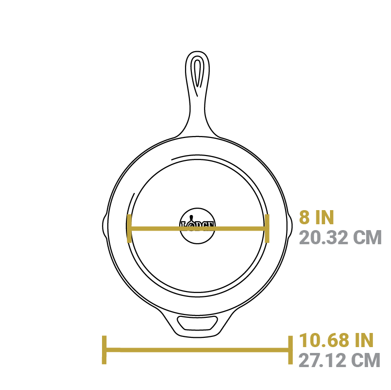 Measurement chart showing dimensions of the 10.25 inch skillet. Flat bottom is 8 inches, full bottom width is 10.68 inches.