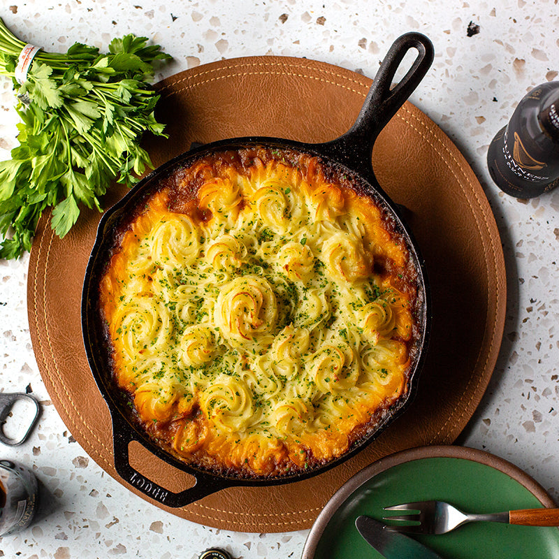 Shepherd's pie baked and presented in skillet.