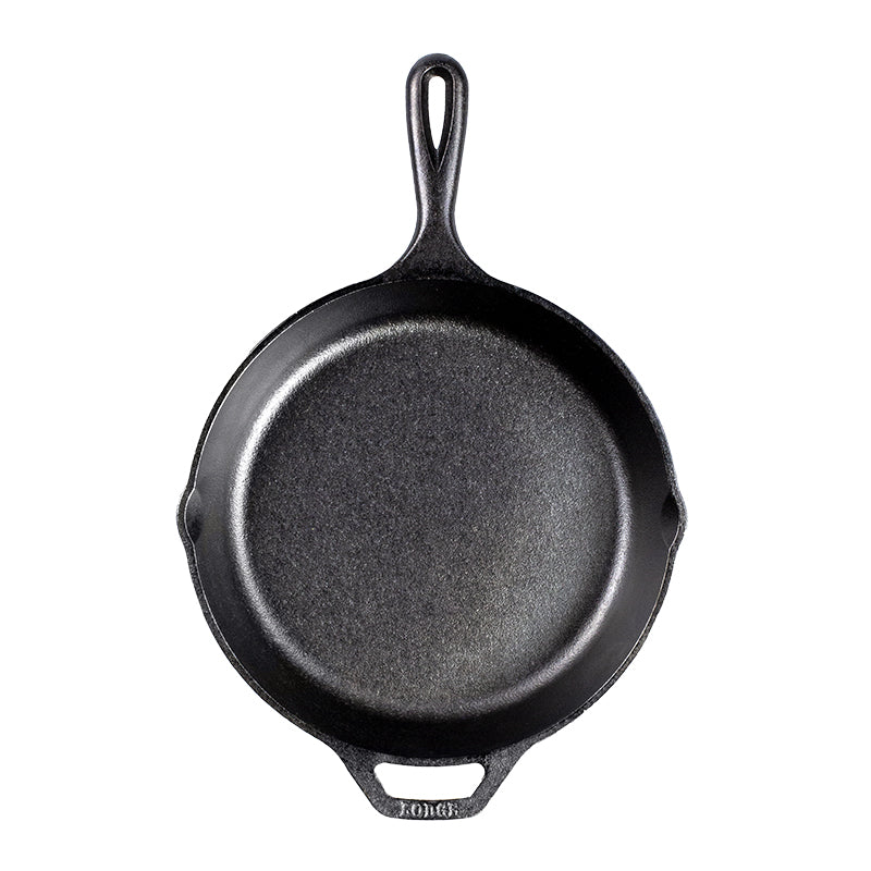 Cast iron skillet with one long handle and one assist handle on opposite side, there's a pour spout on the left and right side.