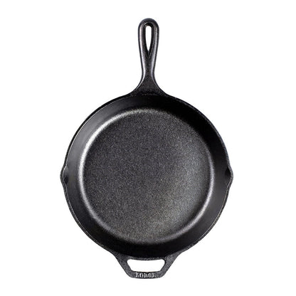 Cast iron skillet with one long handle and one assist handle on opposite side, there's a pour spout on the left and right side.