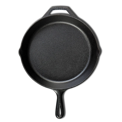 Cast iron skillet with one long handle and one assist handle on opposite side, there's a pour spout on the left and right side.