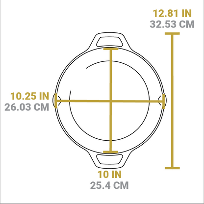 Dimensional drawing of product. Total width from handle to handle is 2.81 inches, width of cooking surface is 10 inches, length of cooking surface from pour spout to pour spot is 10.25 inches.