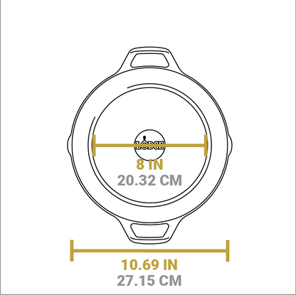 Dimensional drawing of product. Flat bottom width is 8 inches, total width is 10.69 inches.