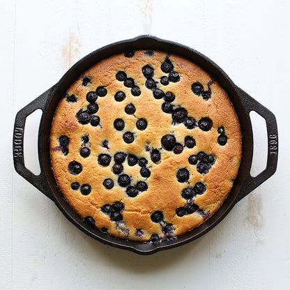 Blueberry ricotta skillet cake made and served in pan.