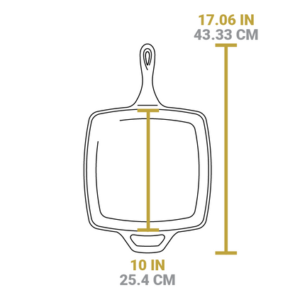 Dimensional drawing of product. Cooking surface is 10 inches. Total length including handle is 17.06 inches.