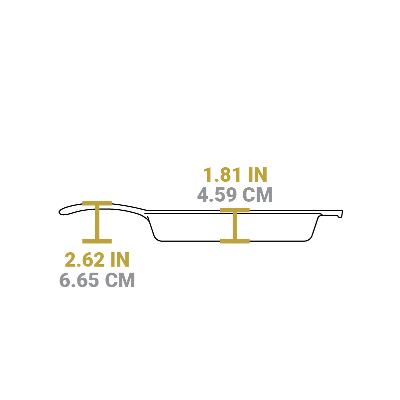 Dimensional drawing of product. Depth of cooking surface is 1.81 inches, height of handle from bottom is 2.62 inches.