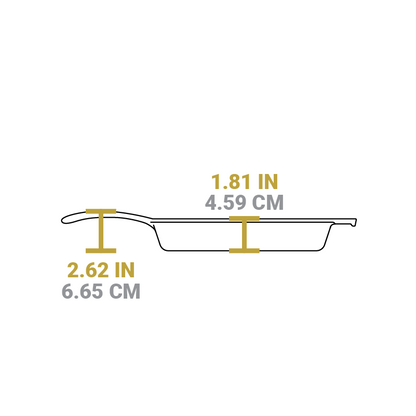 Dimensional drawing of product. Depth of cooking surface is 1.81 inches, height of handle from bottom is 2.62 inches.