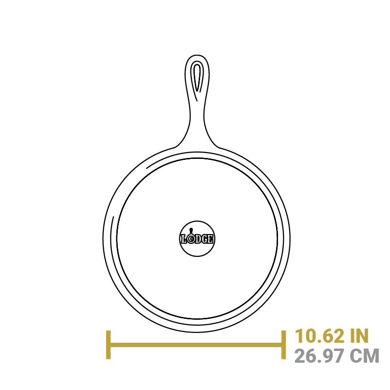 Dimensional drawing of griddle. Width is 10.62 inches.