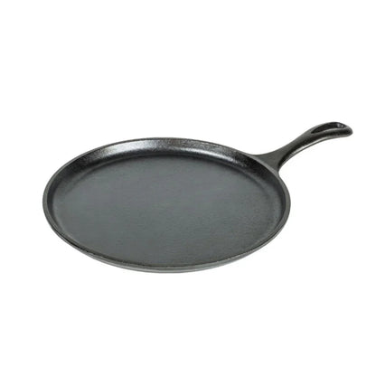 A black cast iron circular griddle with a long handle.