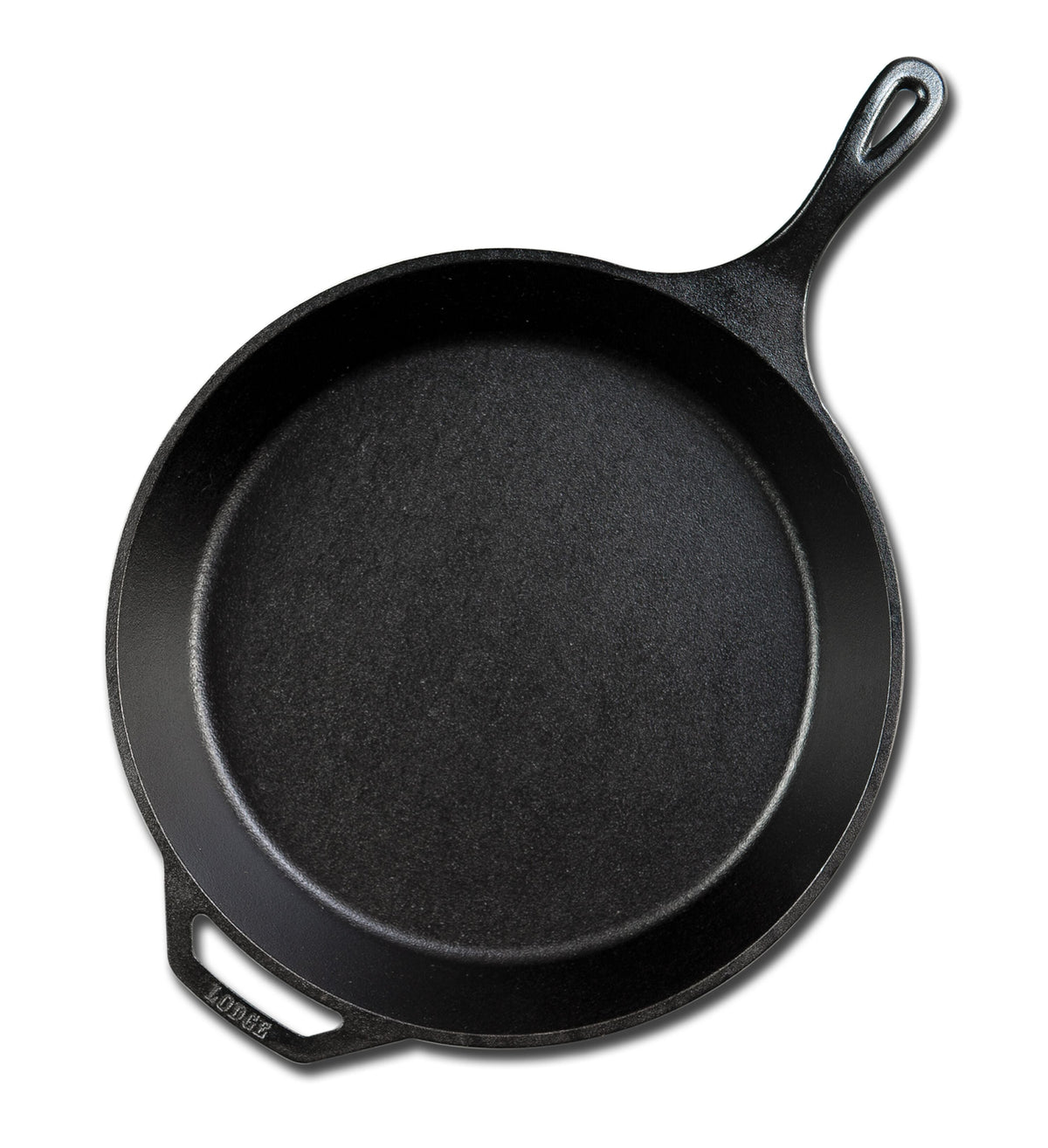 Cast iron skillet with one long handle and one assist handle on opposite side.