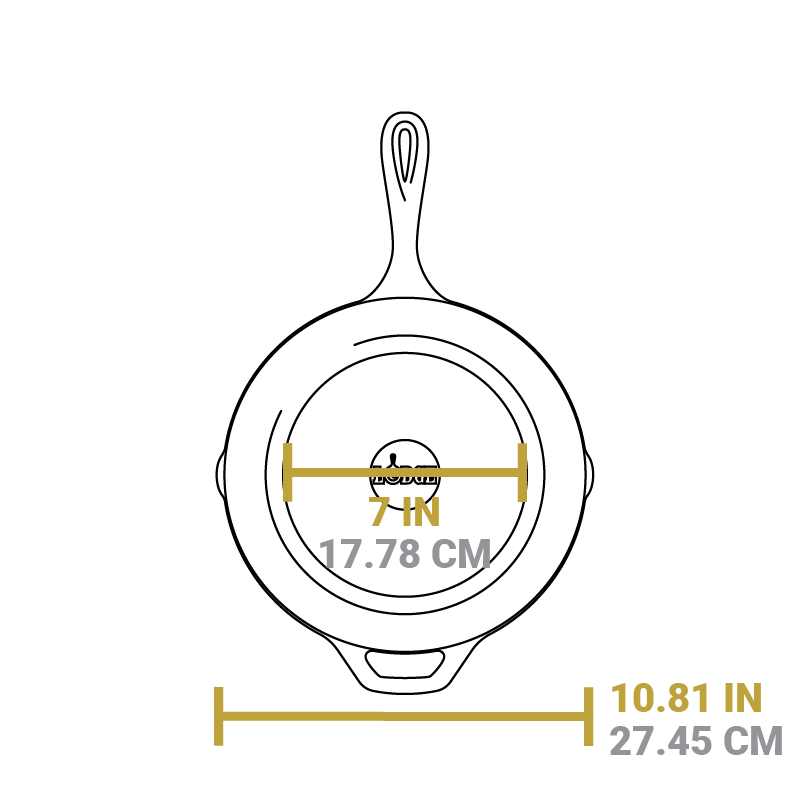 Dimensional drawing of 10 inch skillet. Flat bottom width is 7 inches, total width is 10.81 inches.