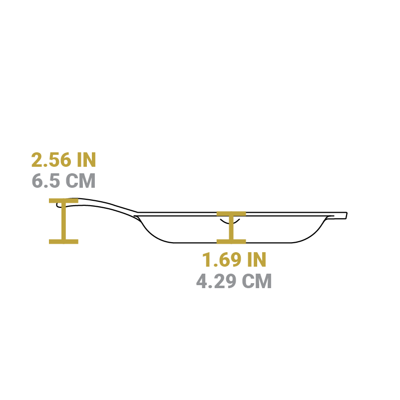 Dimensional drawing of 10 inch skillet. Depth of cooking surface is 1.69 inches, height of handle form bottom is 2.56 inches.