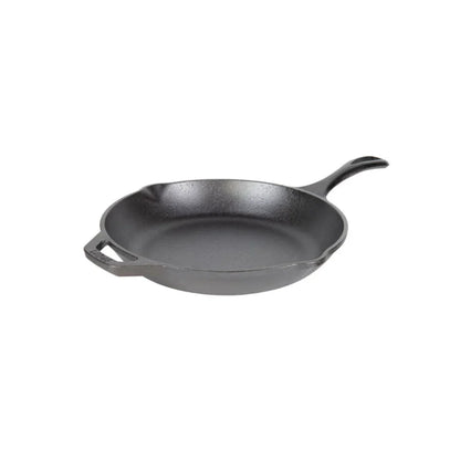 Black cast iron skillet with long handle and loop handle on opposite sides, along with 2 pour spots.