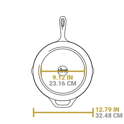Dimensional drawing of 12 inch skillet. Flat bottom width is 9.12 inches, total width is 12.79 inches.