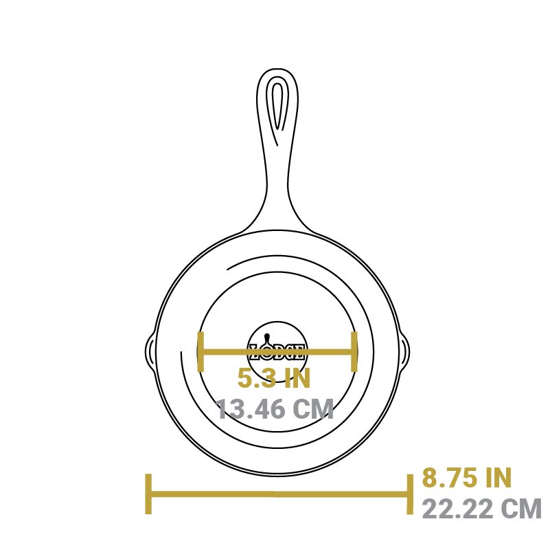 Dimensional drawing of product. Flat bottom width is 5.3 inches, total width is 8.75 inches.