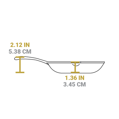 Dimensional drawing of product. Depth of cooking surface is 1.36 inches, height of handle form bottom is 2.12 inches.