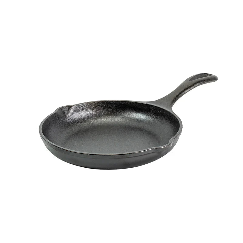 Black cast iron skillet with long handle and 2 pour spots.