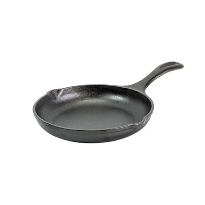 Black cast iron skillet with long handle and 2 pour spots.