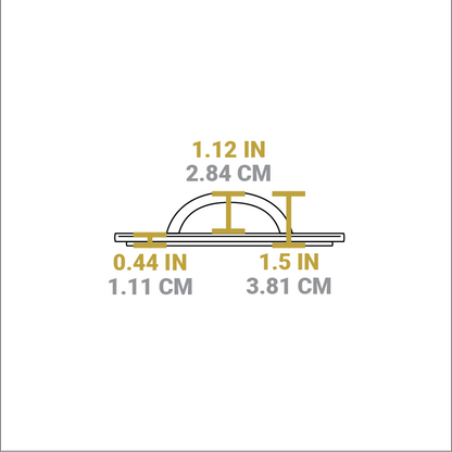 Dimensional drawing of product. Total height is 1.5 inches, height of handle from press is 1.12 inches, depth of press is 0.44 inches.