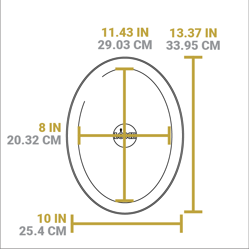 Dimensional drawing of product. Width of flat bottom is 11.43 inches, length is 8 inches, total width is 13.37 inches, total length is 10 inches.